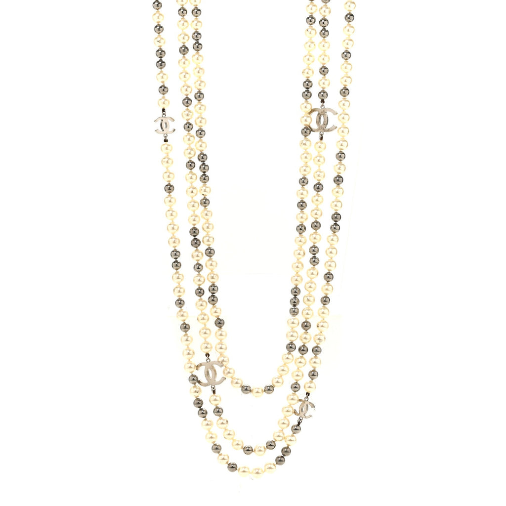 Pearl CC Multi Strand Long Necklace Silver Pearly White Grey