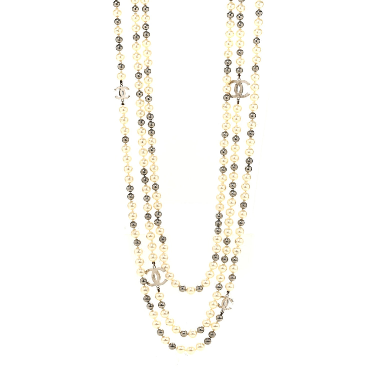 Pearl CC Multi Strand Long Necklace Silver Pearly White Grey