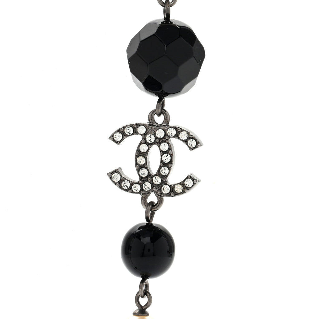 Pearl Crystal Bead CC Long Necklace Black Silver