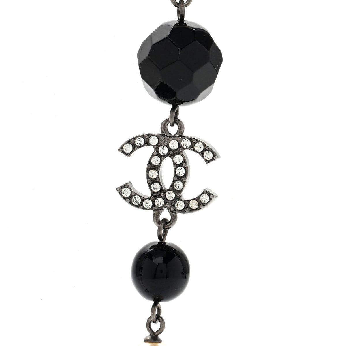 Pearl Crystal Bead CC Long Necklace Black Silver
