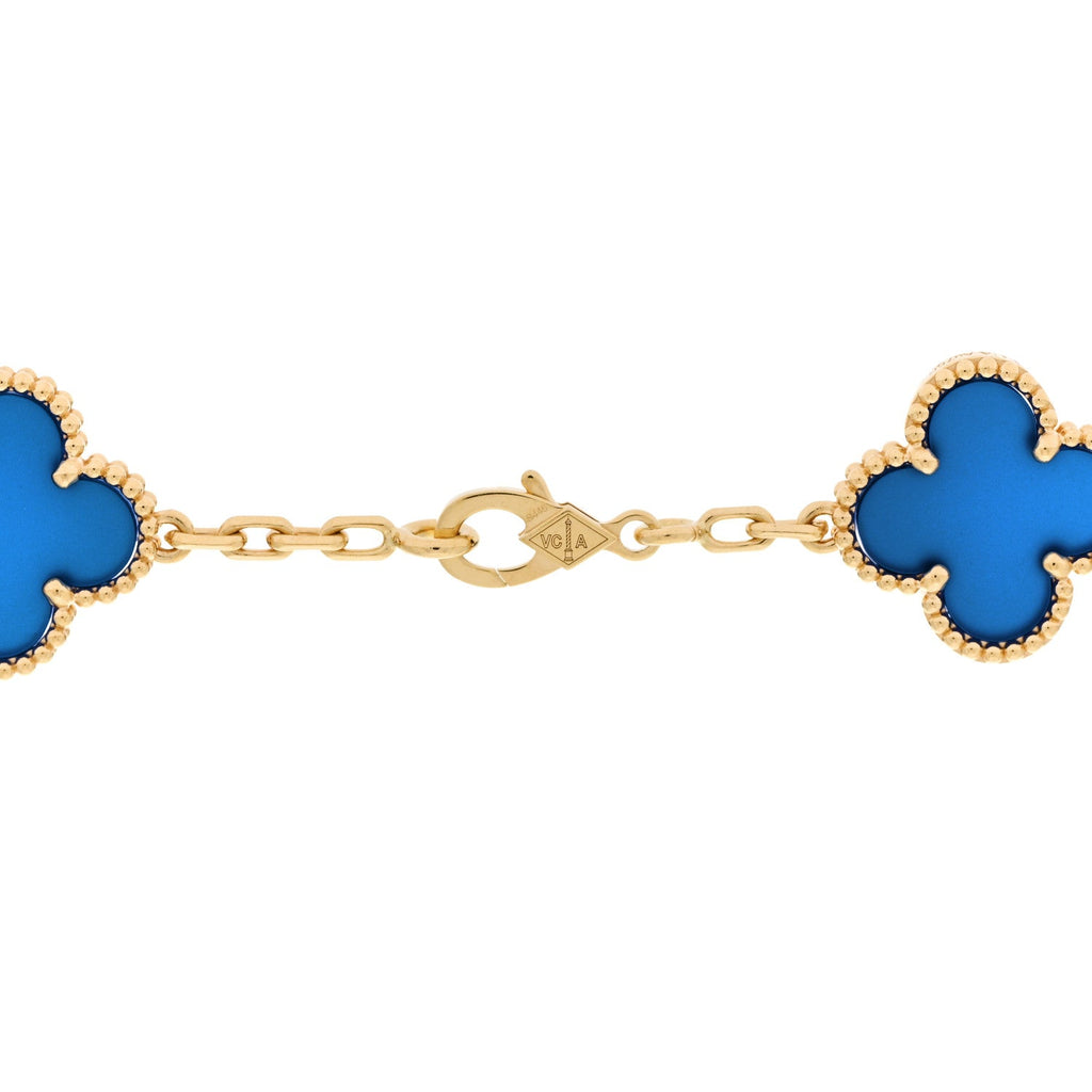 18K Yellow Gold Blue Agate 10 Motifs Vintage Alhambra Necklace