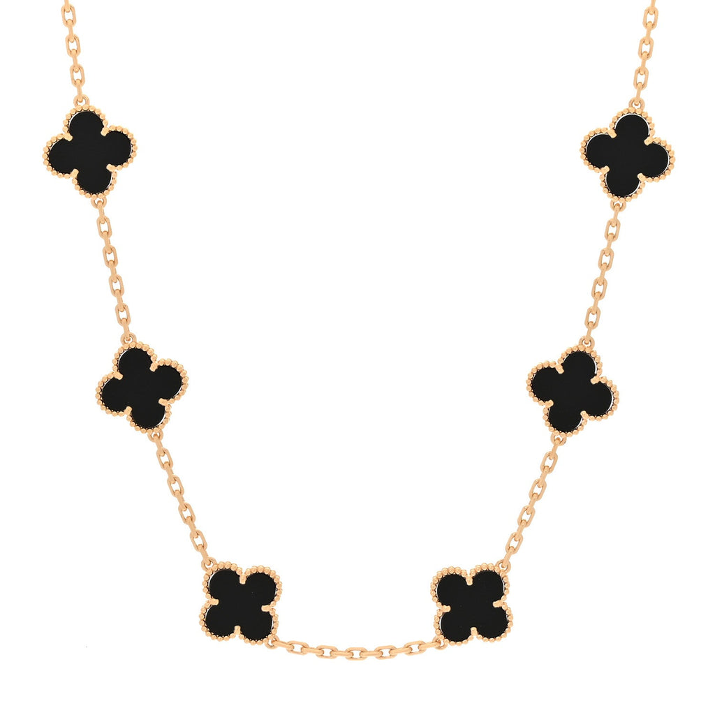 18K Yellow Gold Black Onyx 10 Motifs Vintage Alhambra Necklace