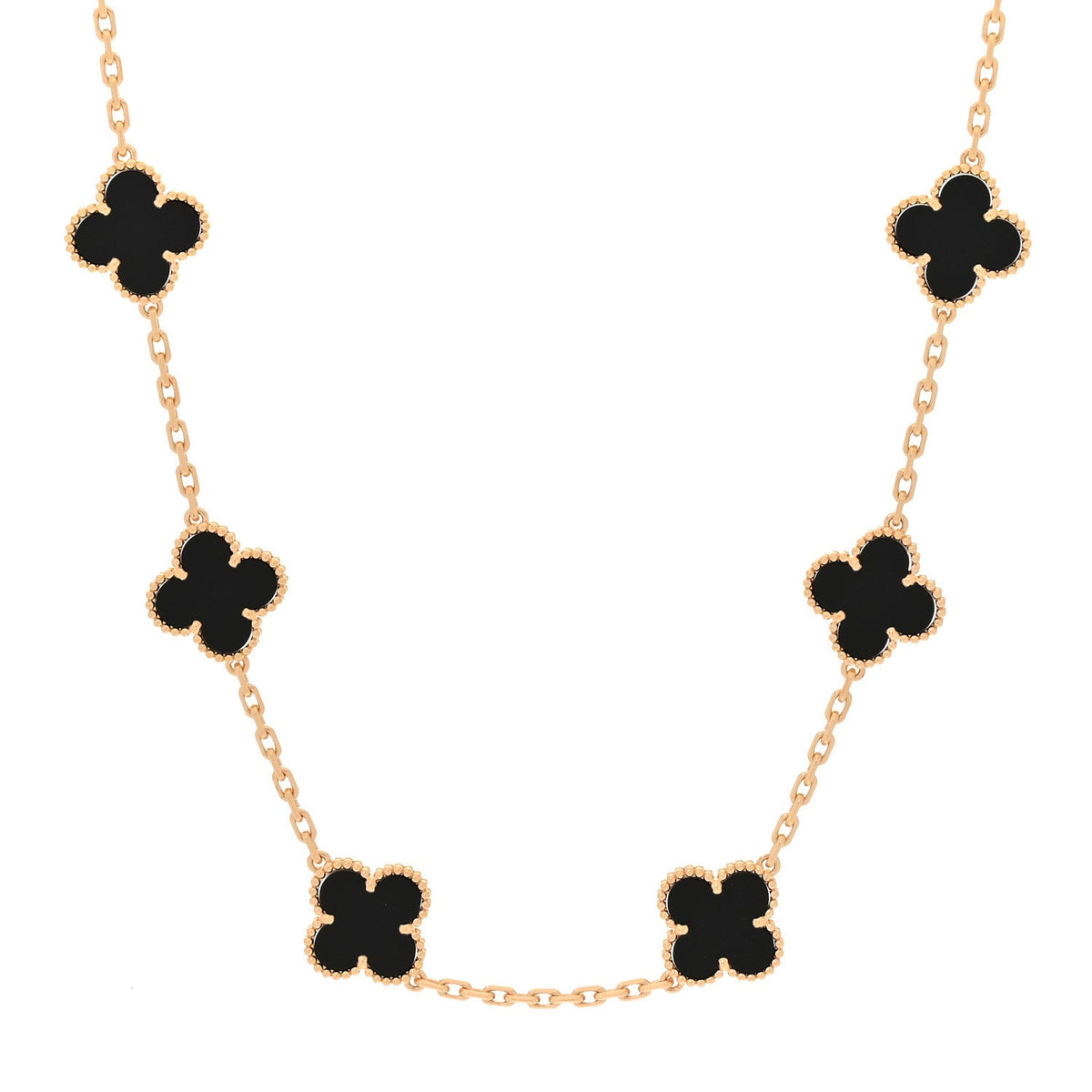 18K Yellow Gold Black Onyx 10 Motifs Vintage Alhambra Necklace
