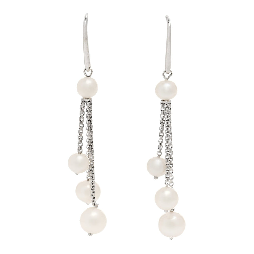 Sterling Silver 18K White Gold Cultured Pearl Box Chain Drop Earrings