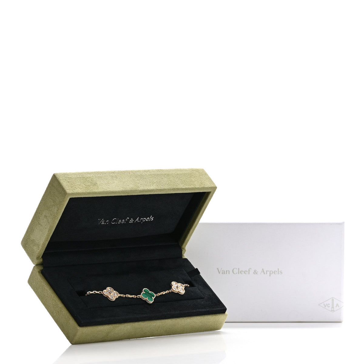 18K Yellow Gold Diamond Malachite 5 Motifs Vintage Alhambra Bracelet