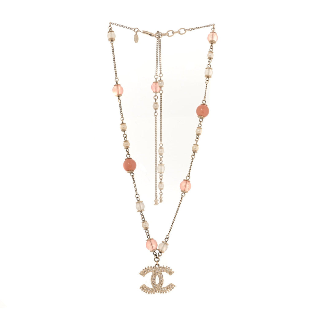 Beaded Pearl Crystal CC Long Necklace Gold Coral