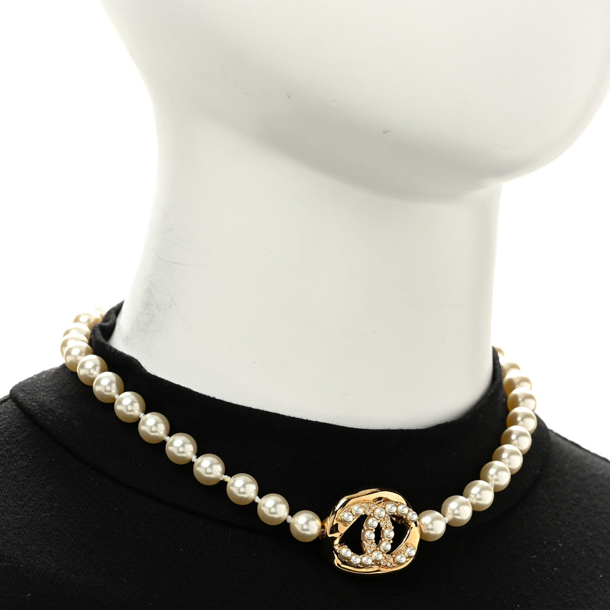 Pearl Crystal CC Logo Choker Gold White