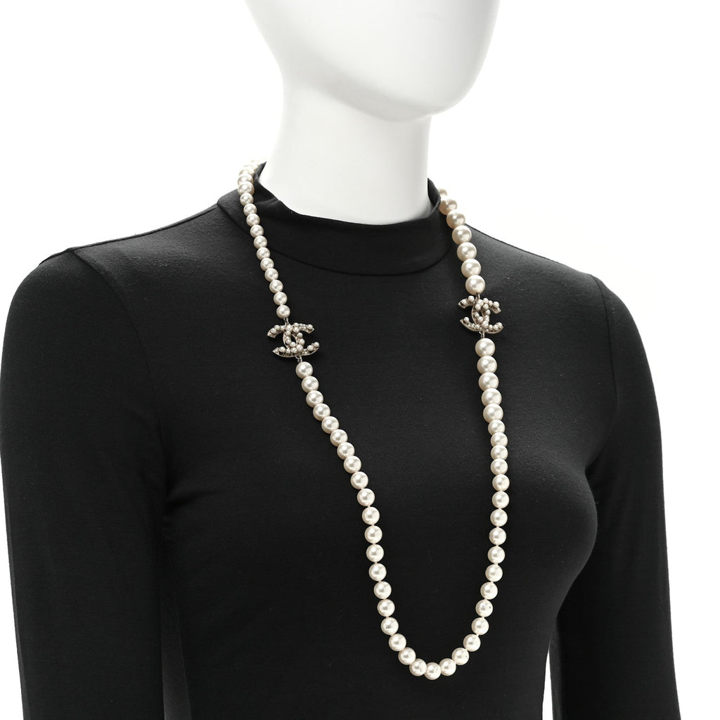 Crystal Pearl CC Long Necklace Gold