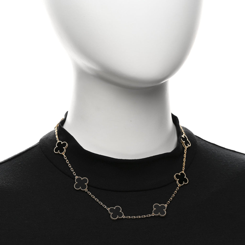 18K Yellow Gold Black Onyx 10 Motifs Vintage Alhambra Necklace