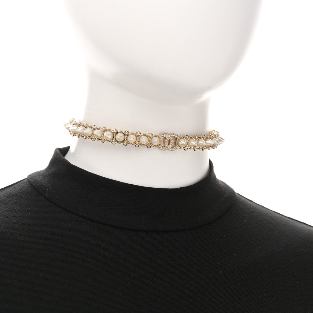 Spike Pearl Crystal CC Choker Necklace Gold Pearly White