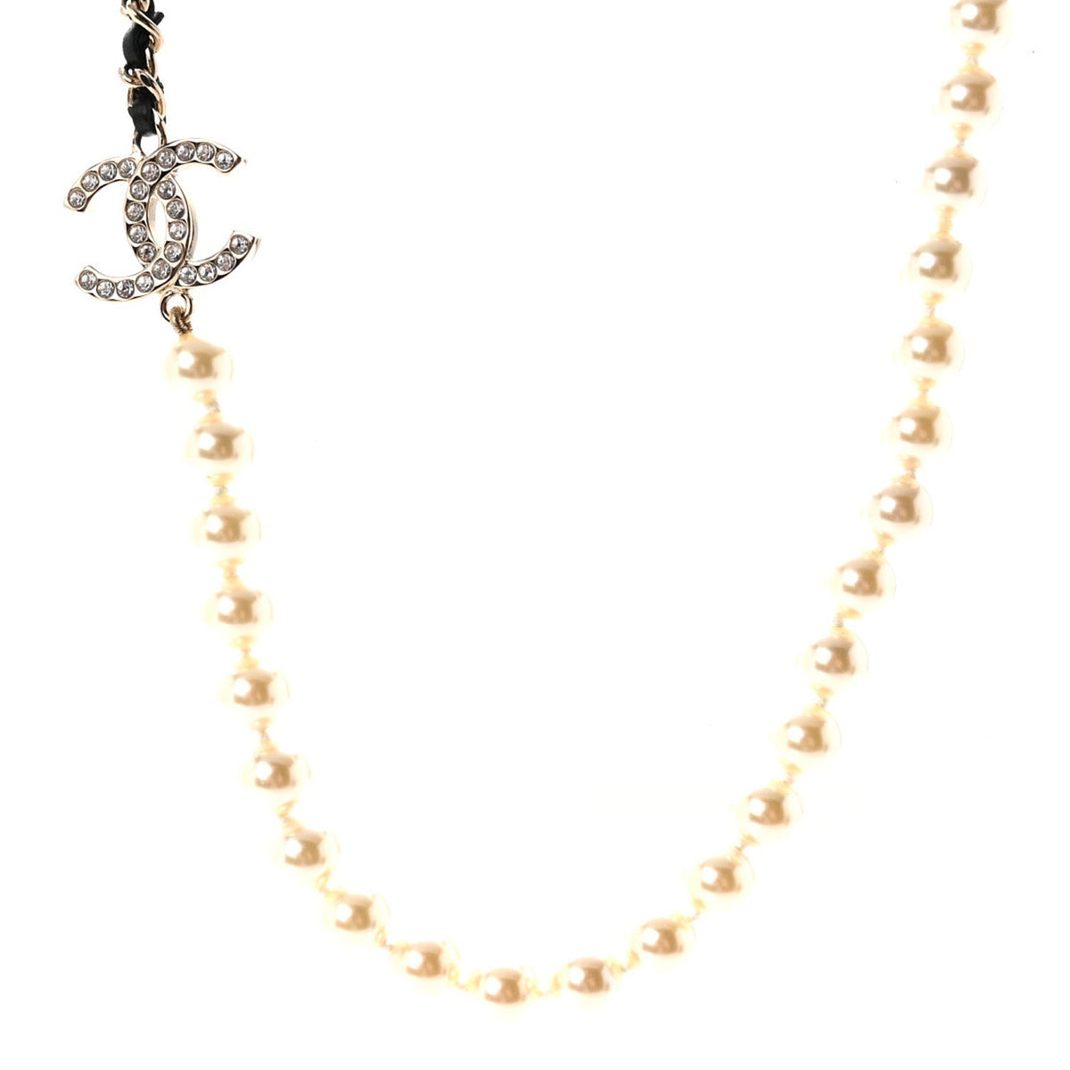 Lambskin Pearl Crystal CC Short Necklace Gold White Black