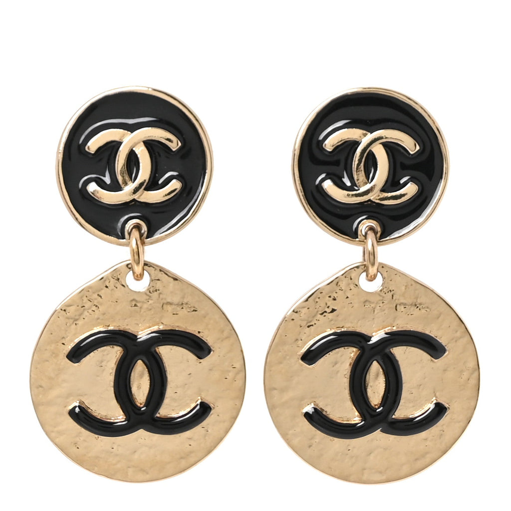 Enamel CC Disc Drop Earrings Gold Black