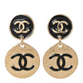 Enamel CC Disc Drop Earrings Gold Black