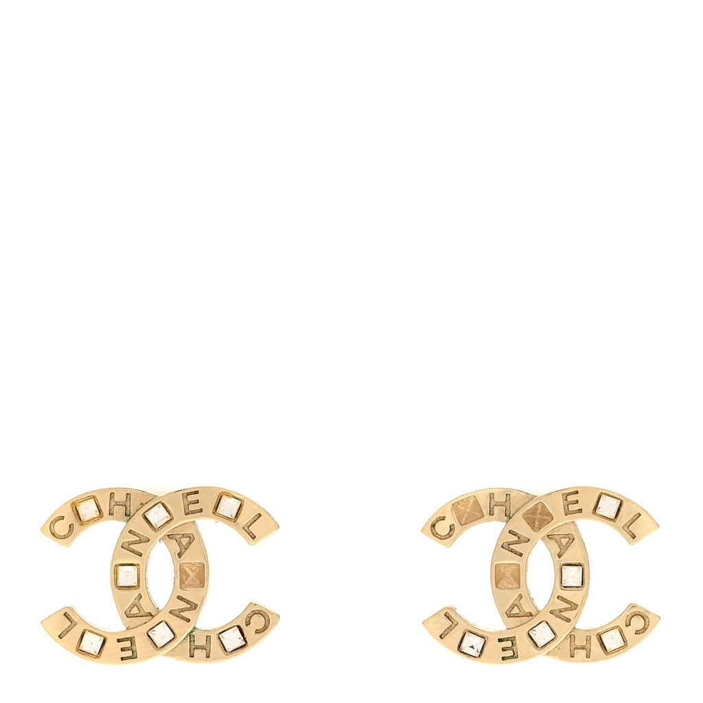 Crystal Metal CC Paris Button Stud Earrings Gold