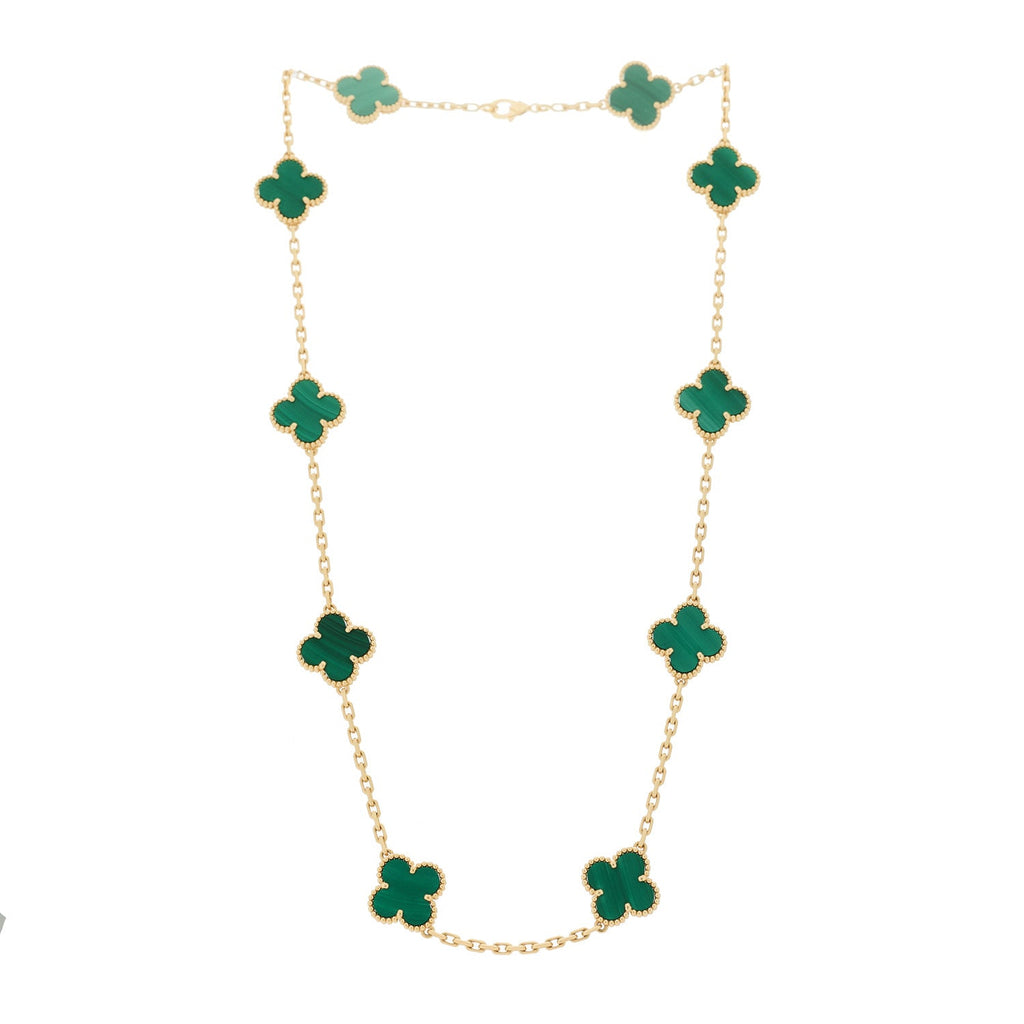 18K Yellow Gold Malachite 10 Motifs Vintage Alhambra Necklace