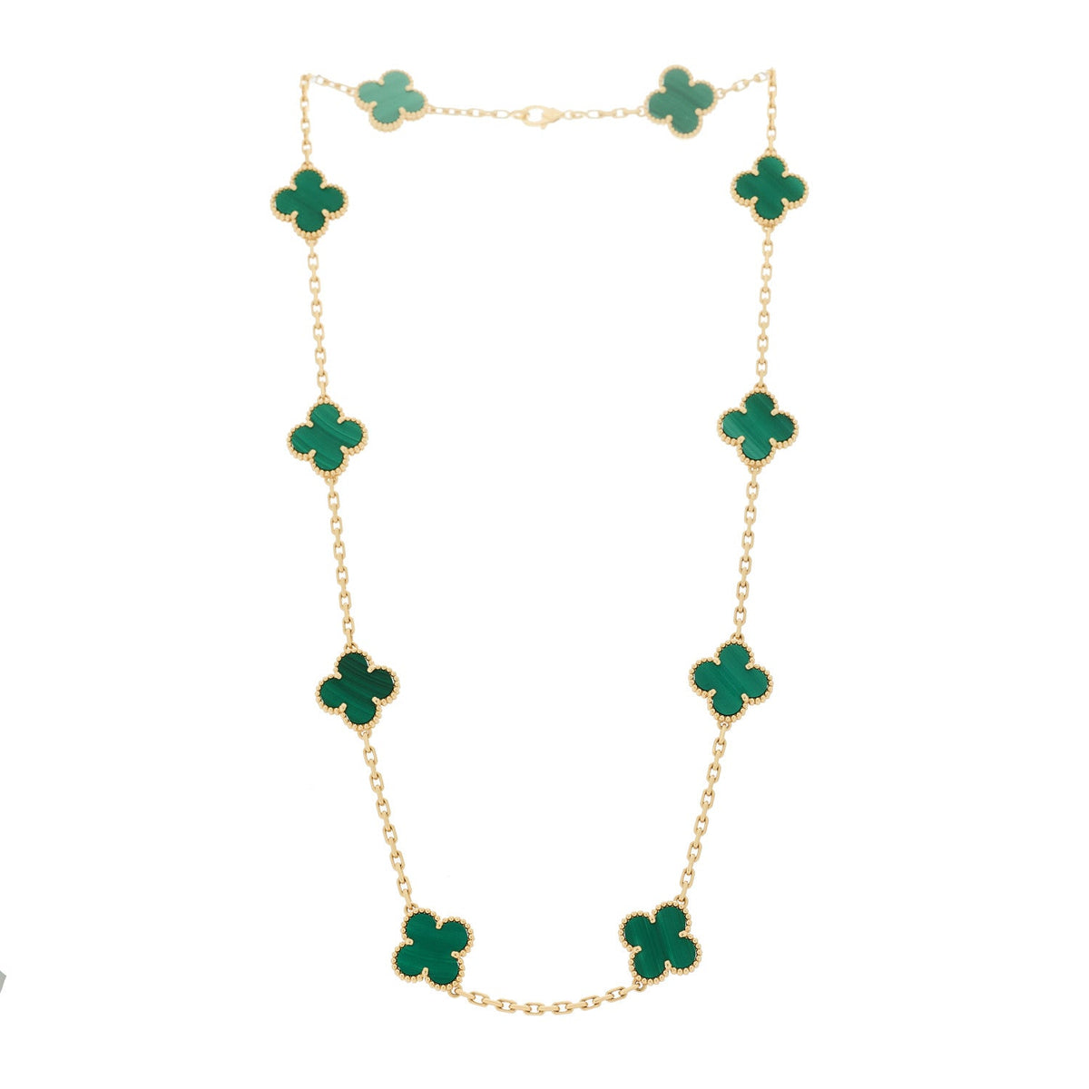 18K Yellow Gold Malachite 10 Motifs Vintage Alhambra Necklace