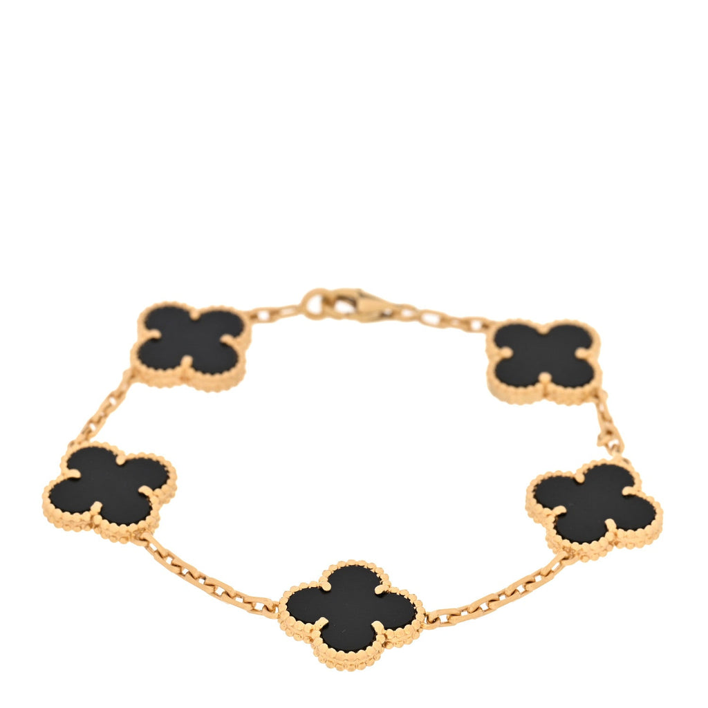 18K Yellow Gold Black Onyx 5 Motifs Vintage Alhambra Bracelet