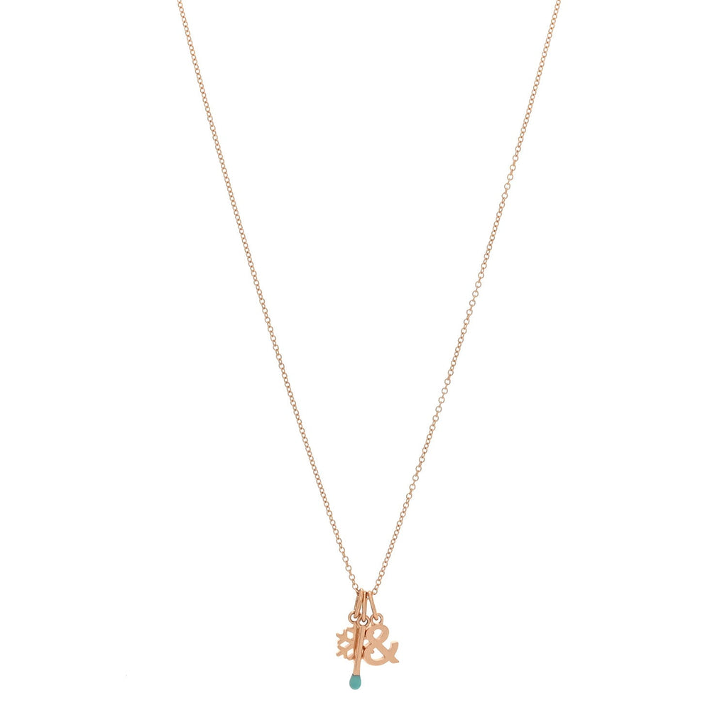 18K Rose Gold Enamel Ampersand Snowflake Match Pendant Necklace Blue