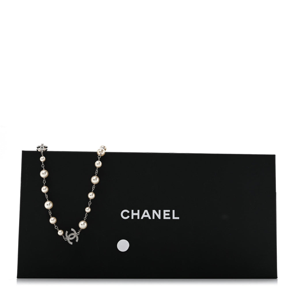 Graduated Pearl Crystal CC Long Necklace Silver