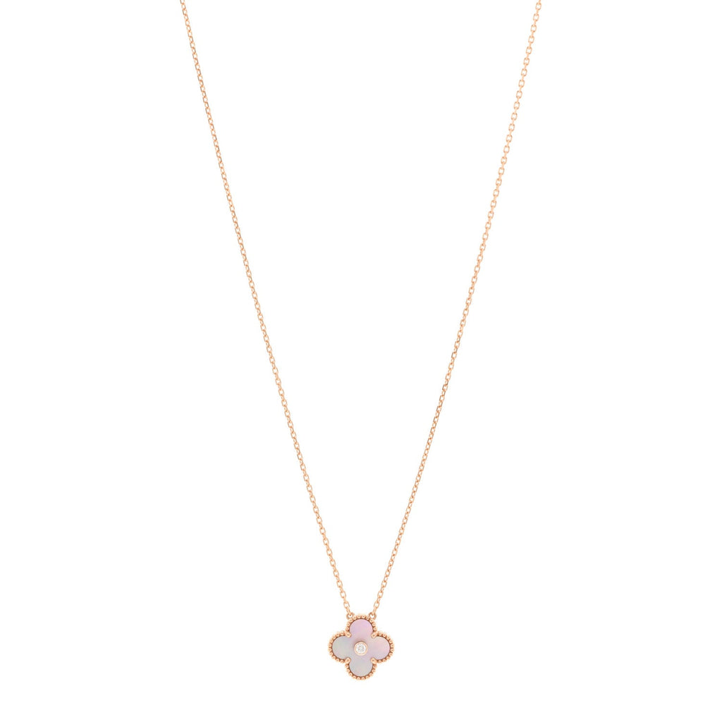 18K Rose Gold Diamond Pink Mother of Pearl Vintage Alhambra Pendant Necklace