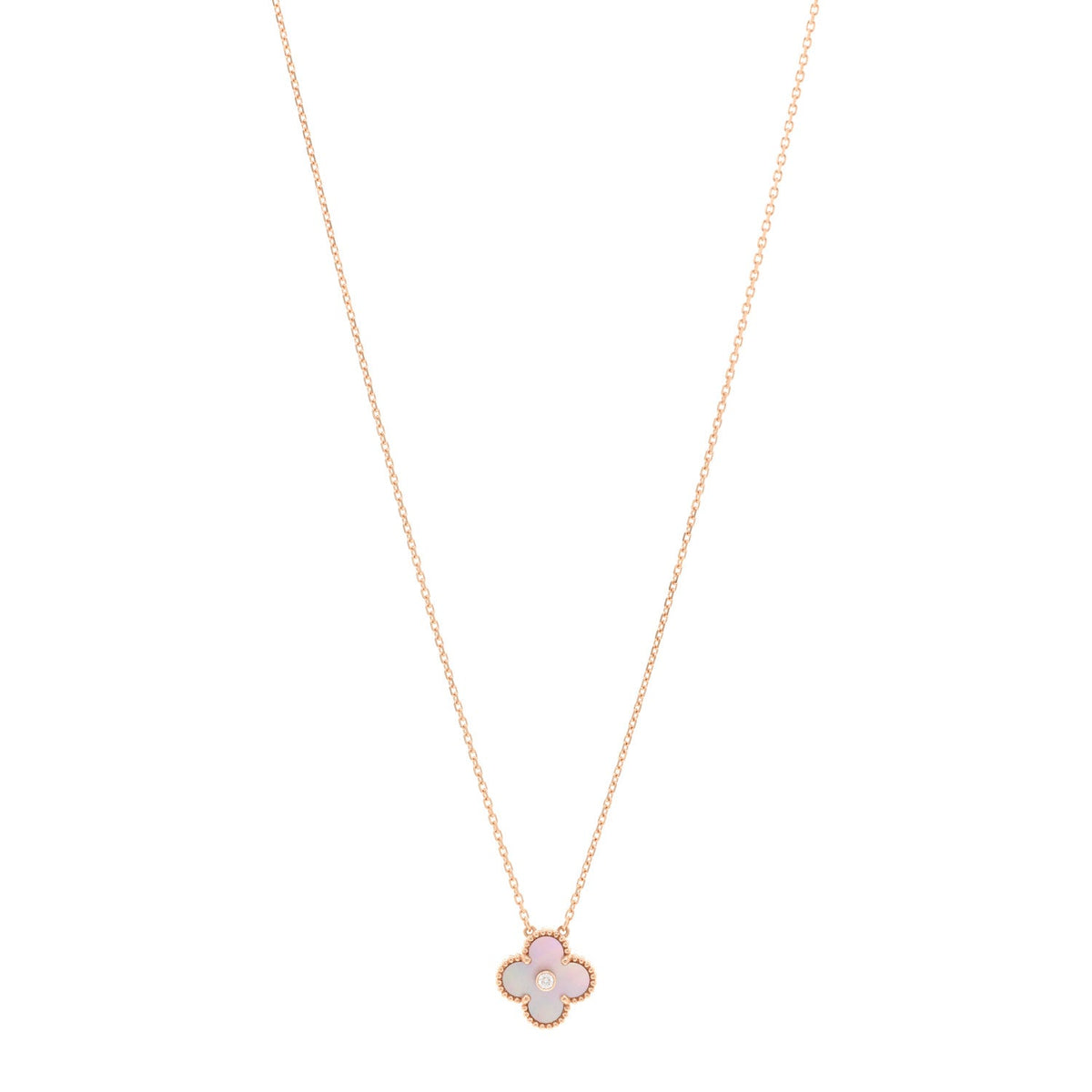 18K Rose Gold Diamond Pink Mother of Pearl Vintage Alhambra Pendant Necklace