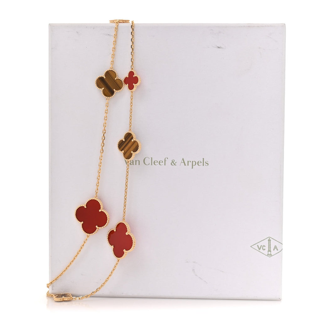 18K Yellow Gold Tiger Eye Carnelian 16 Motifs Magic Alhambra Necklace
