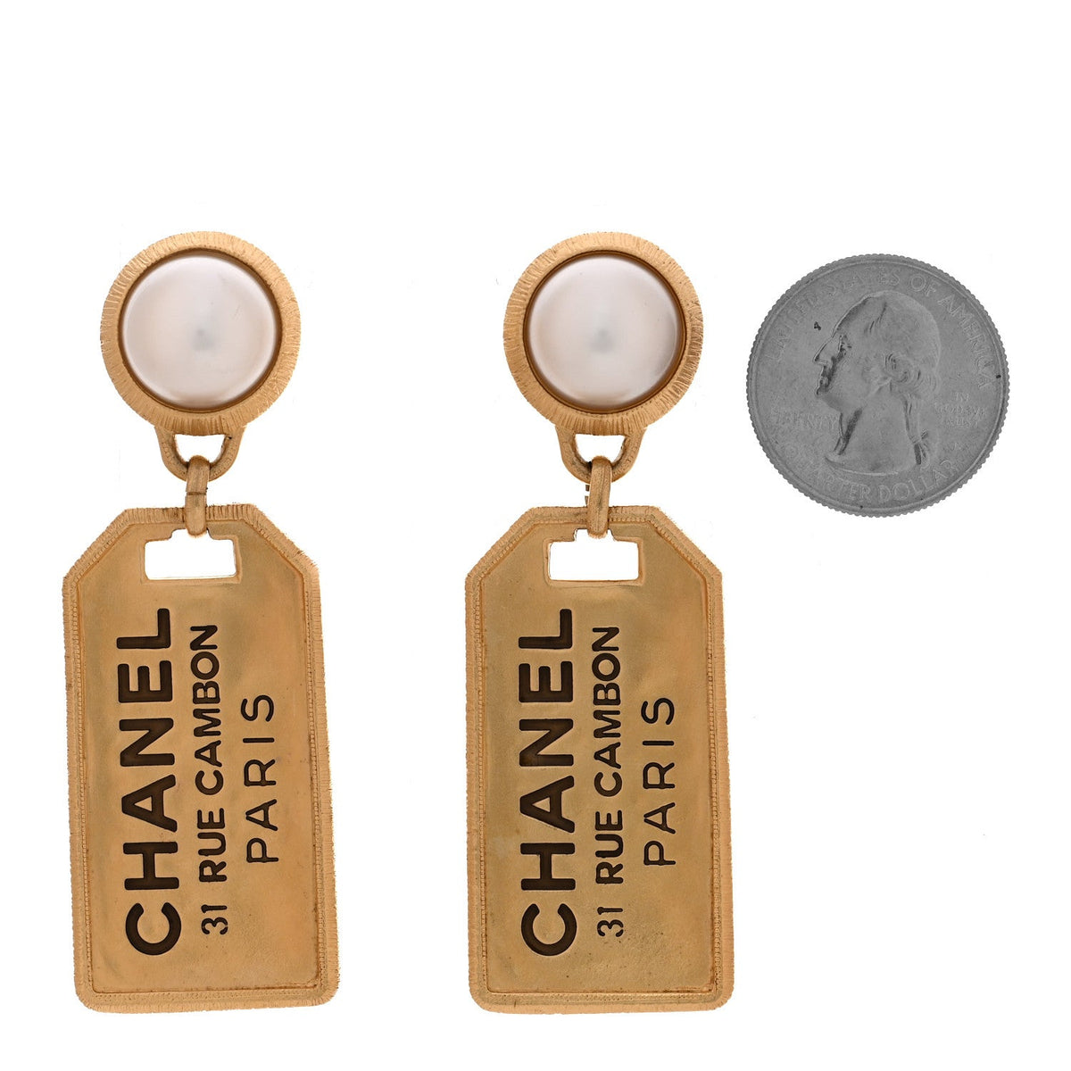 Pearl CC Tags Drop Earrings Gold
