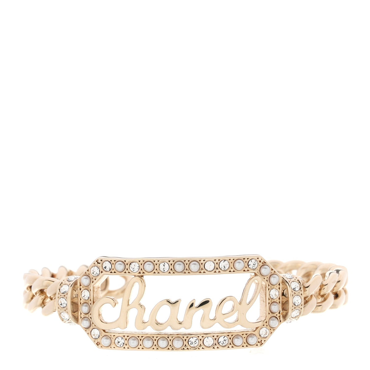 Crystal Pearl Logo Cuff Bracelet Gold