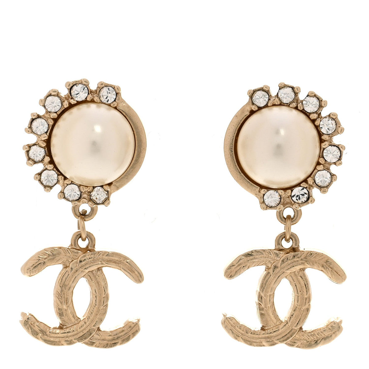 Metal Crystal Pearl CC Feather Earrings Gold