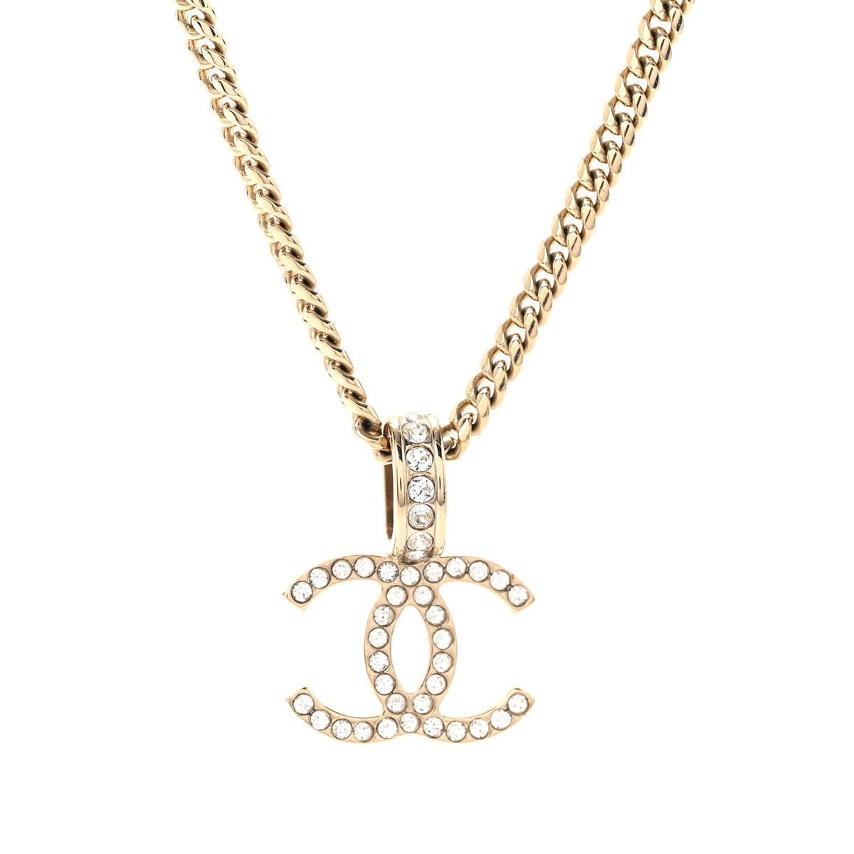 Lambskin Crystal CC Chain Pendant Necklace Black Gold
