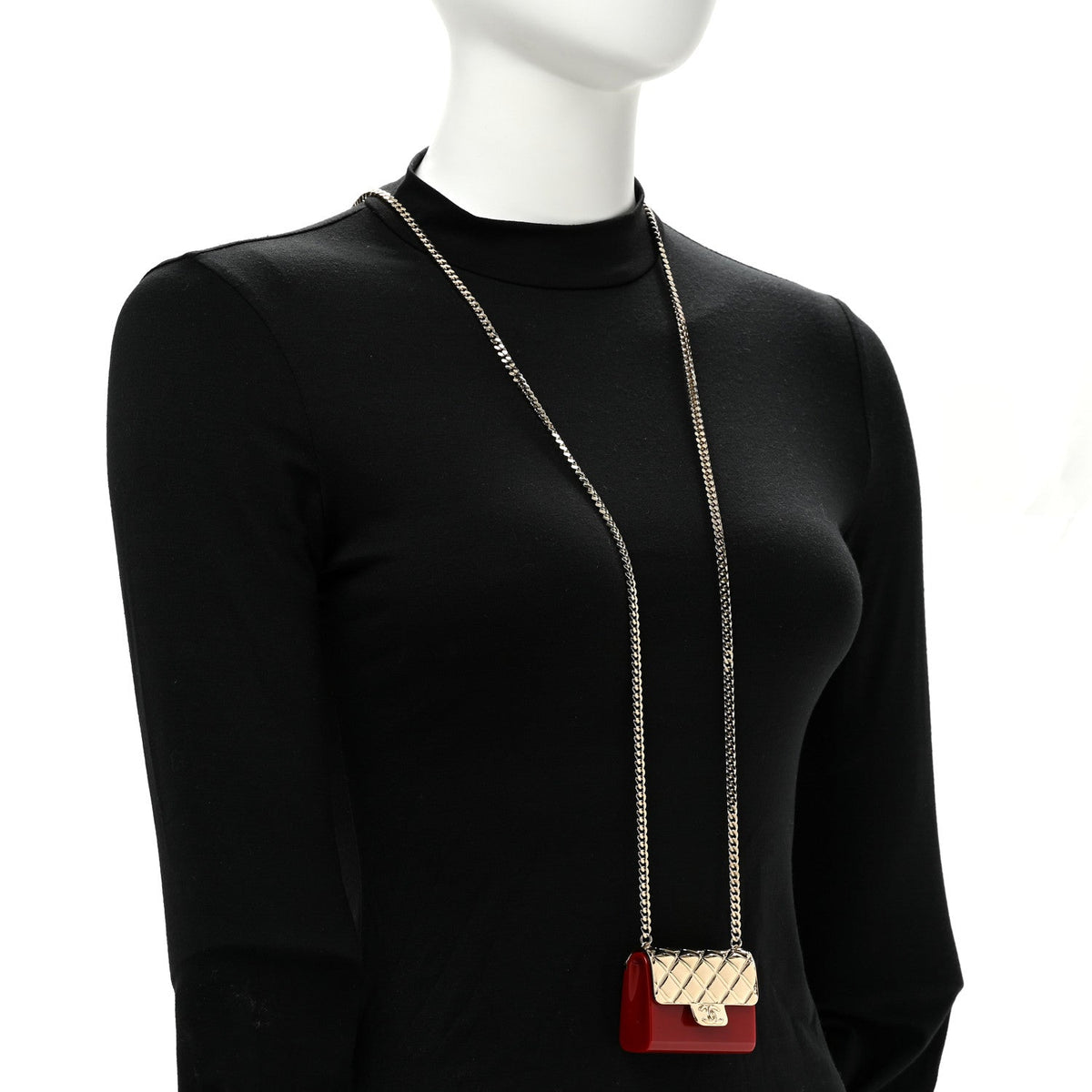Metal Resin Flap Bag Long Necklace Gold Red