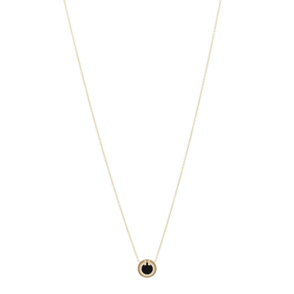 18K Yellow Gold Diamond Black Onyx Small T Circle Pendant Necklace