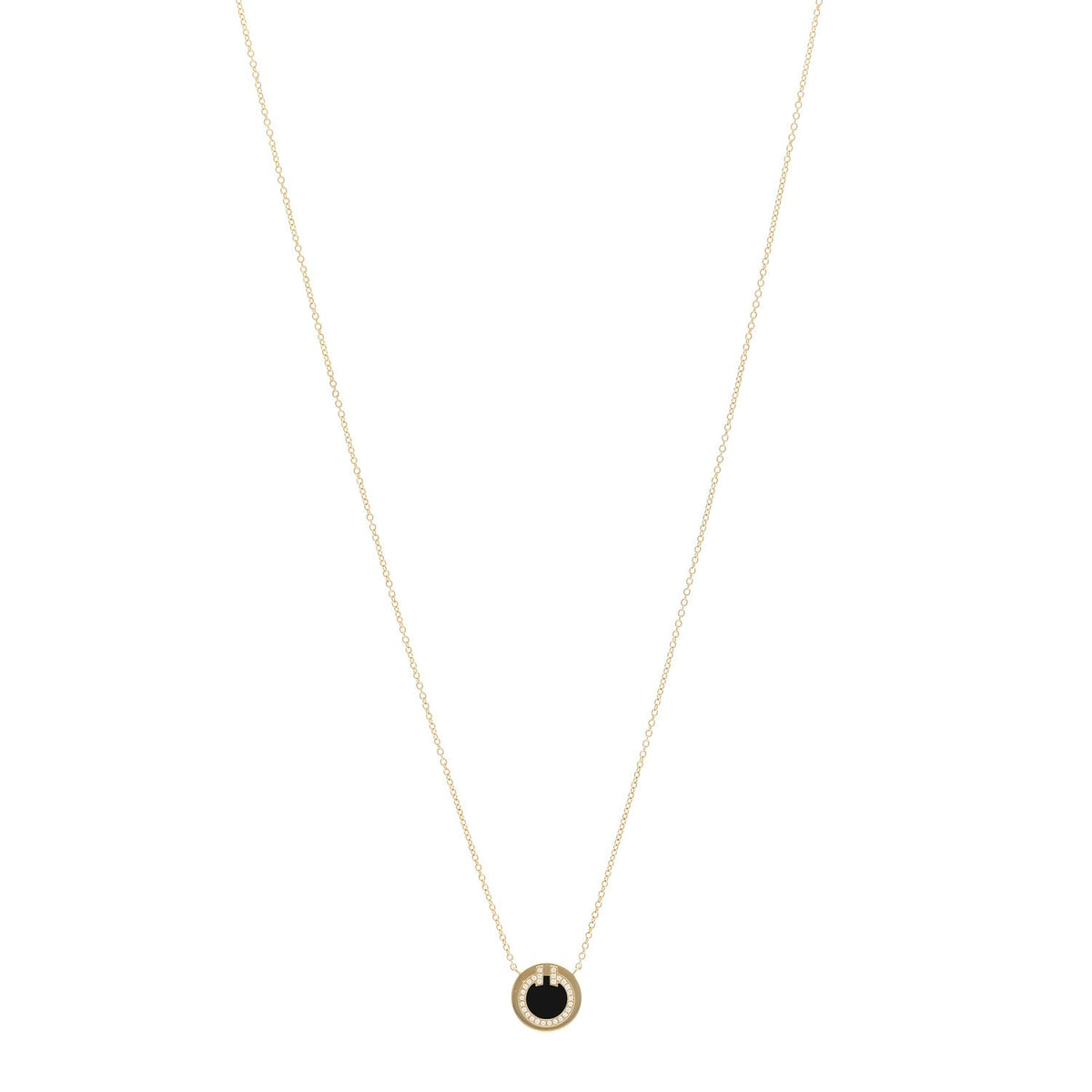 18K Yellow Gold Diamond Black Onyx Small T Circle Pendant Necklace
