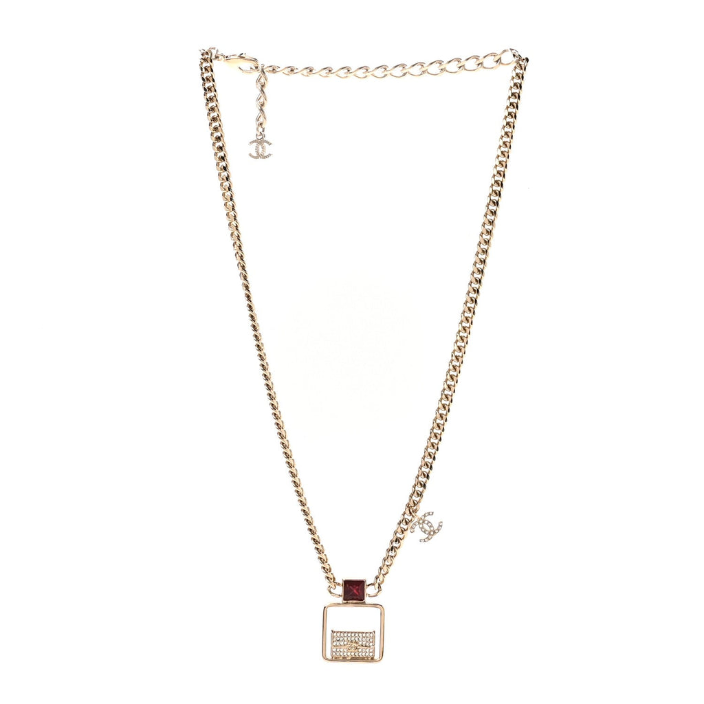 Metal Crystal Quilted Flap Bag Necklace Red Gold