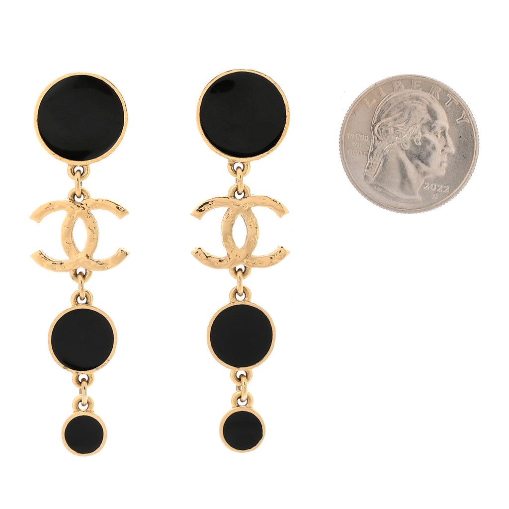 Metal Resin Disc CC Long Drop Earrings Gold Black