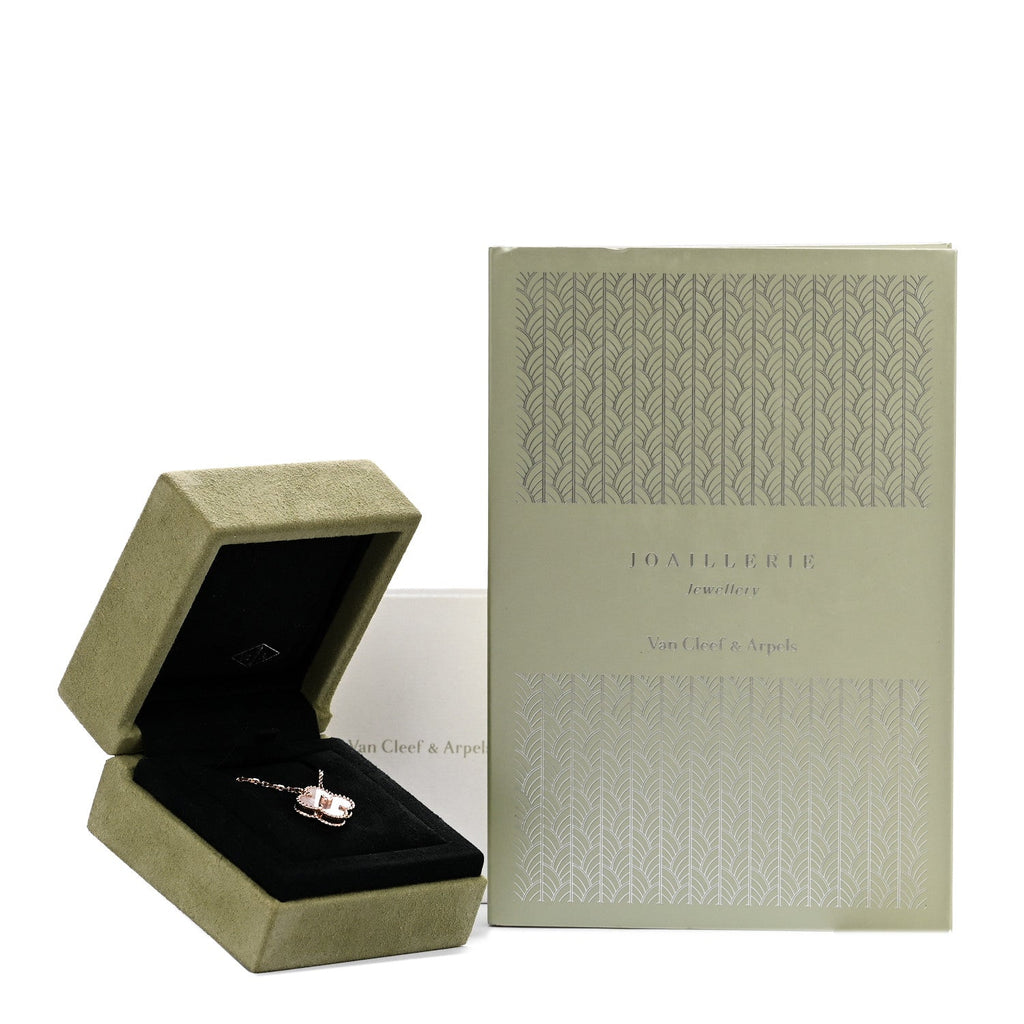 18K Rose Gold Diamond Pink Mother of Pearl Vintage Alhambra Pendant Necklace