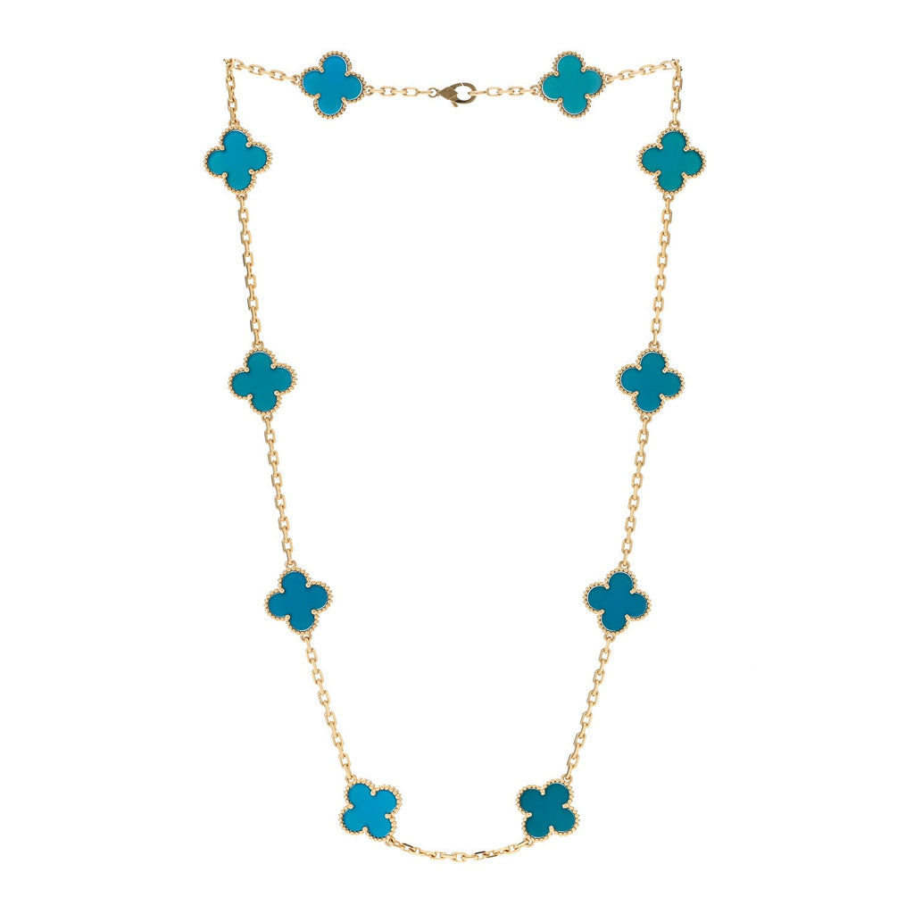 18K Yellow Gold Blue Agate 10 Motifs Vintage Alhambra Necklace