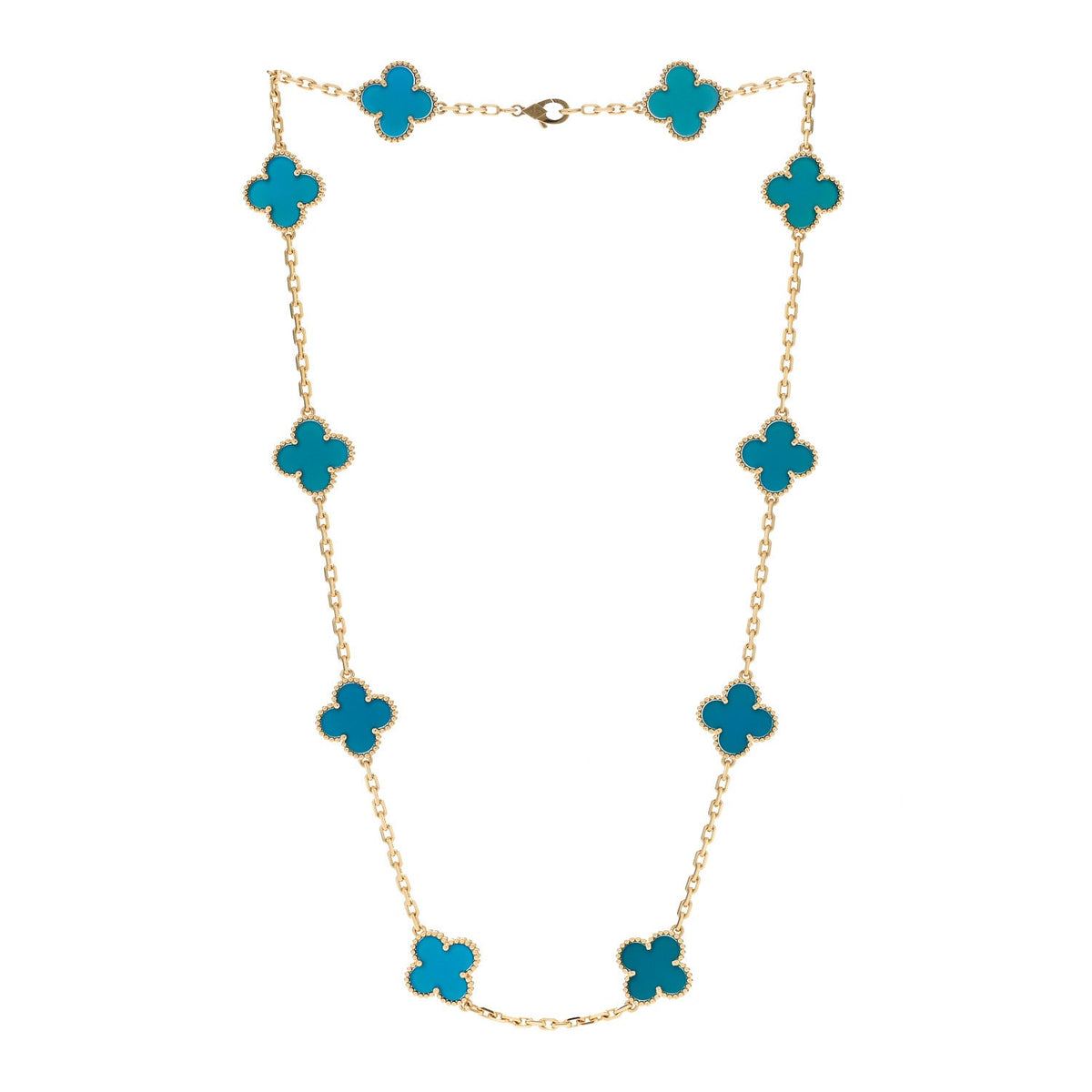 18K Yellow Gold Blue Agate 10 Motifs Vintage Alhambra Necklace