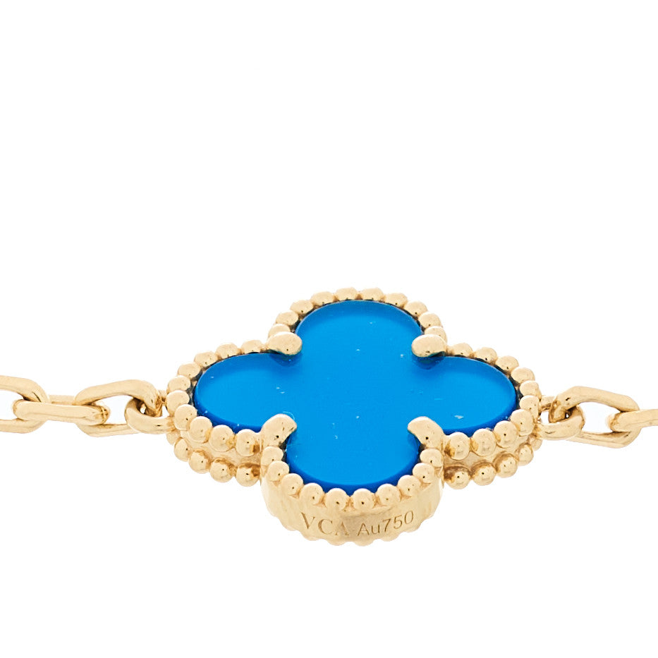 18K Yellow Gold Blue Agate 5 Motifs Vintage Alhambra Bracelet