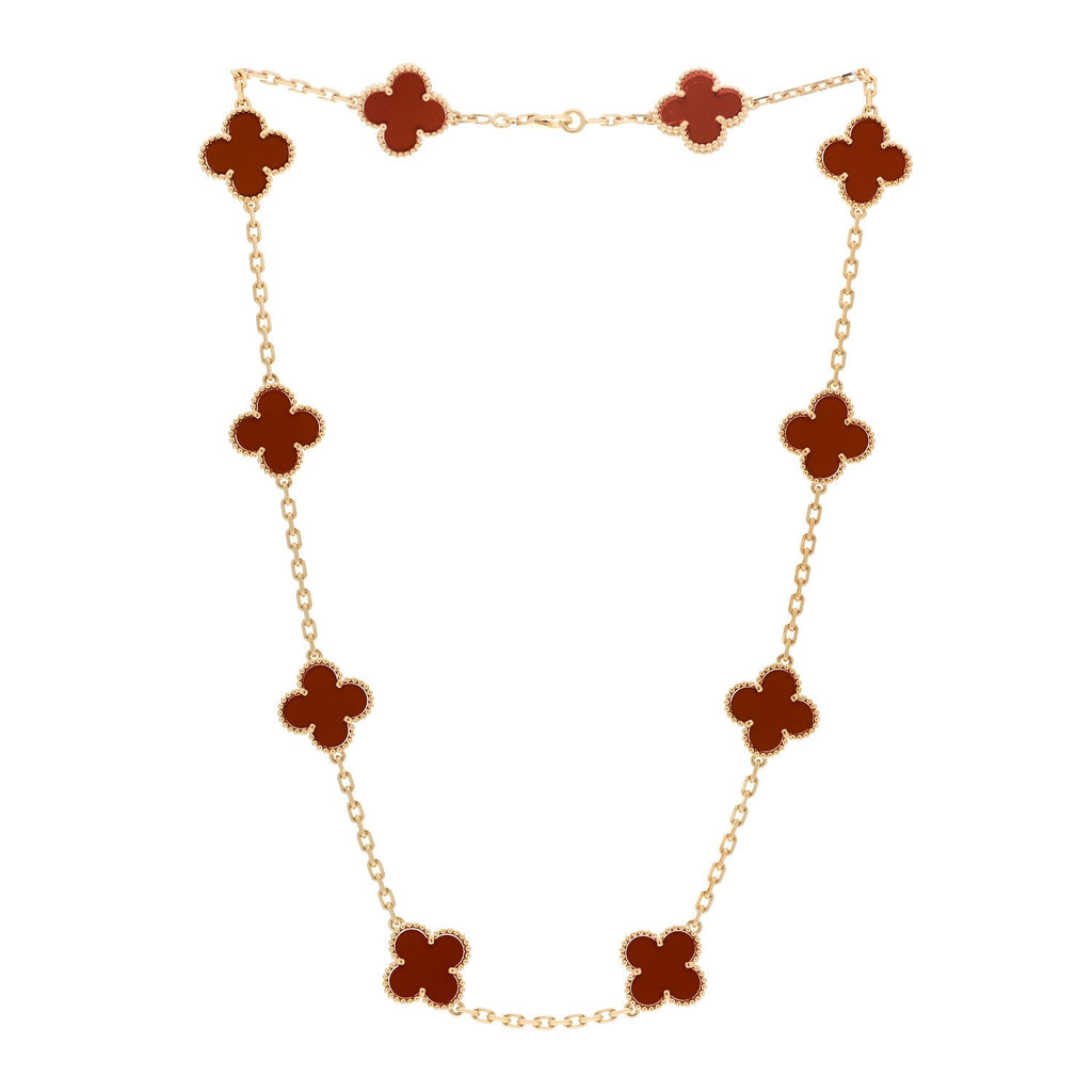 18K Yellow Gold Carnelian 10 Motifs Vintage Alhambra Necklace
