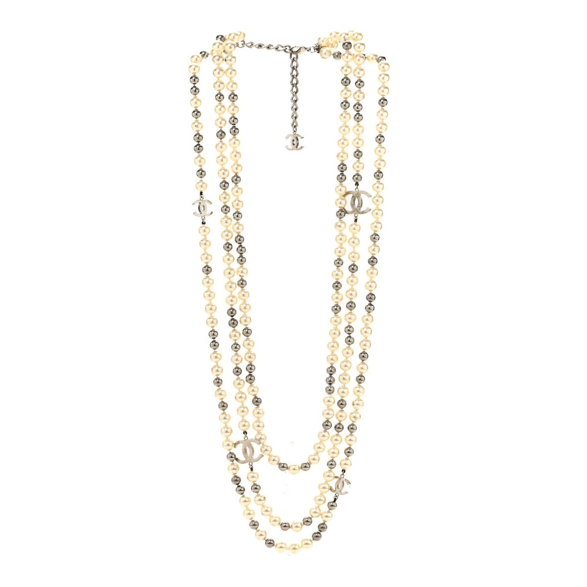 Pearl CC Multi Strand Long Necklace Silver Pearly White Grey
