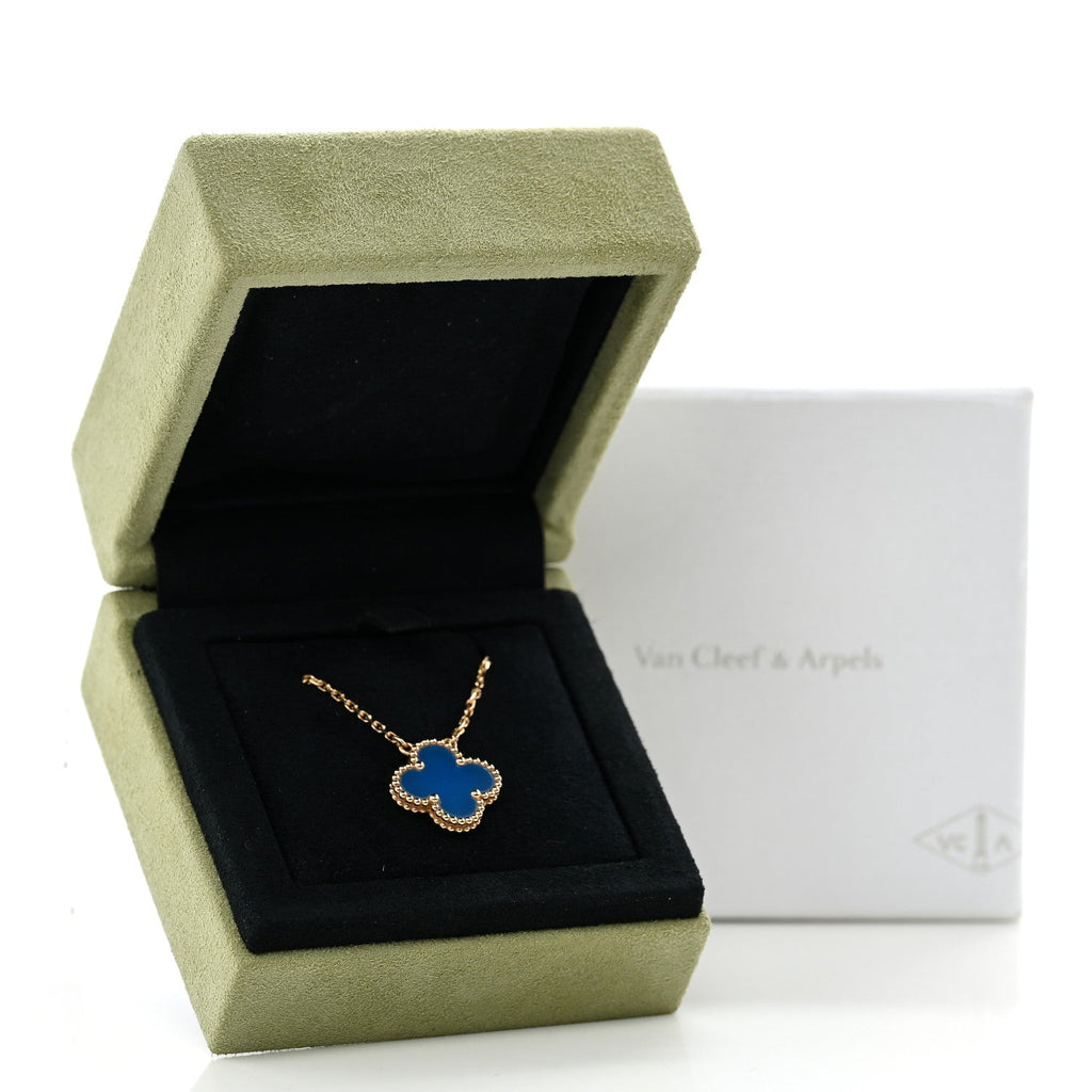 18K Yellow Gold Blue Agate Vintage Alhambra Pendant Necklace