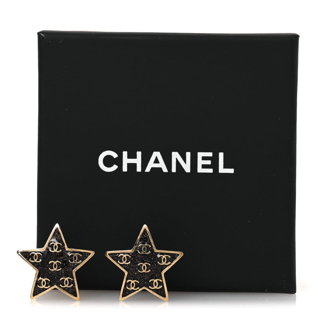 Metal Glitter Sparkle CC Star Earrings Gold Pearly Black
