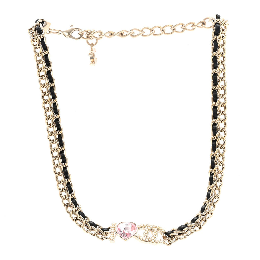 Metal Lambskin Crystal I Heart CC Choker Necklace Gold Black