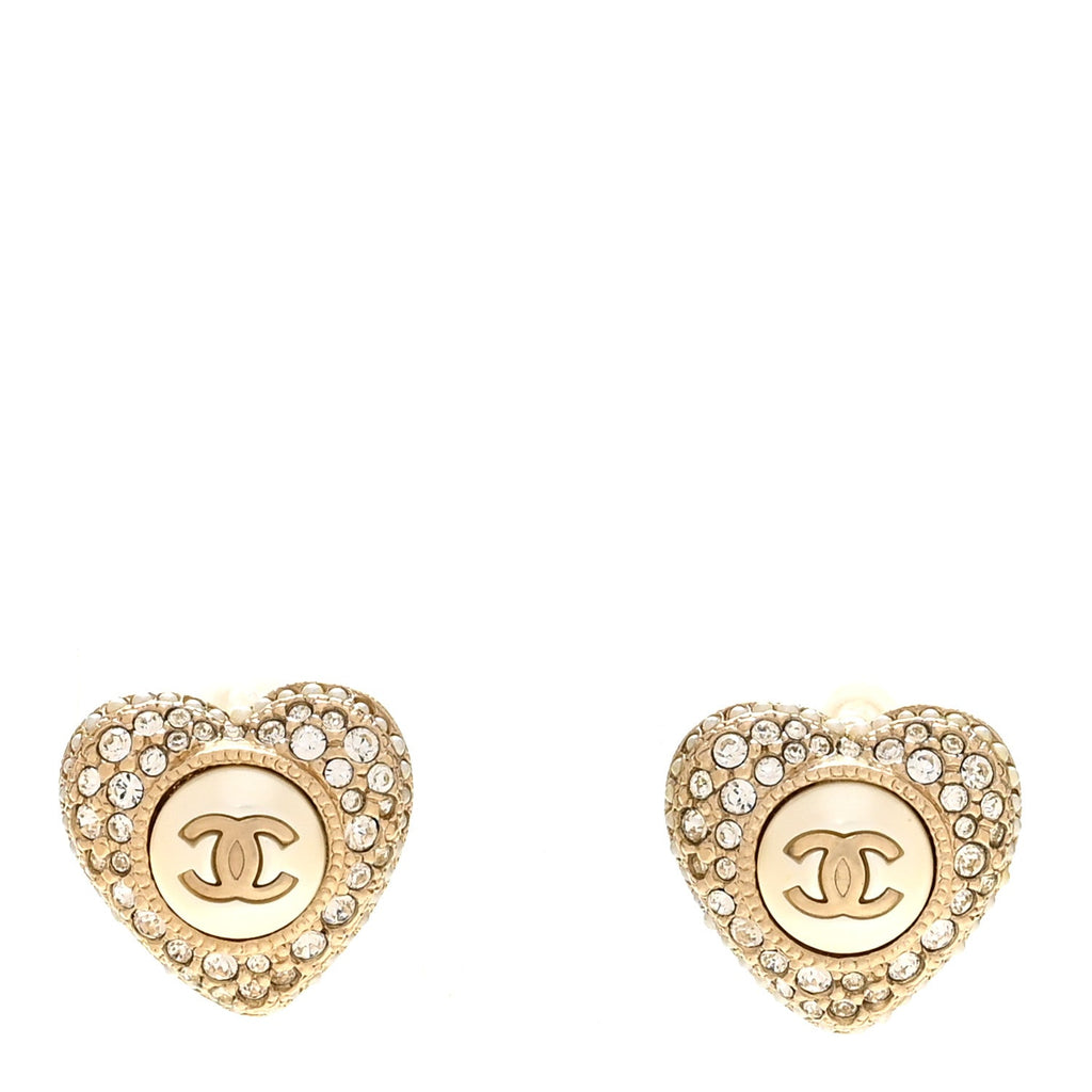 Pearl Crystal CC Heart Earrings Gold White Gold