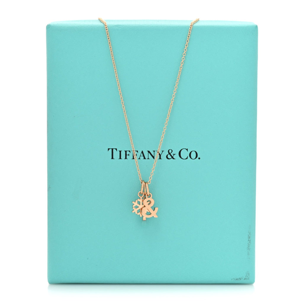 18K Rose Gold Enamel Ampersand Snowflake Match Pendant Necklace Blue