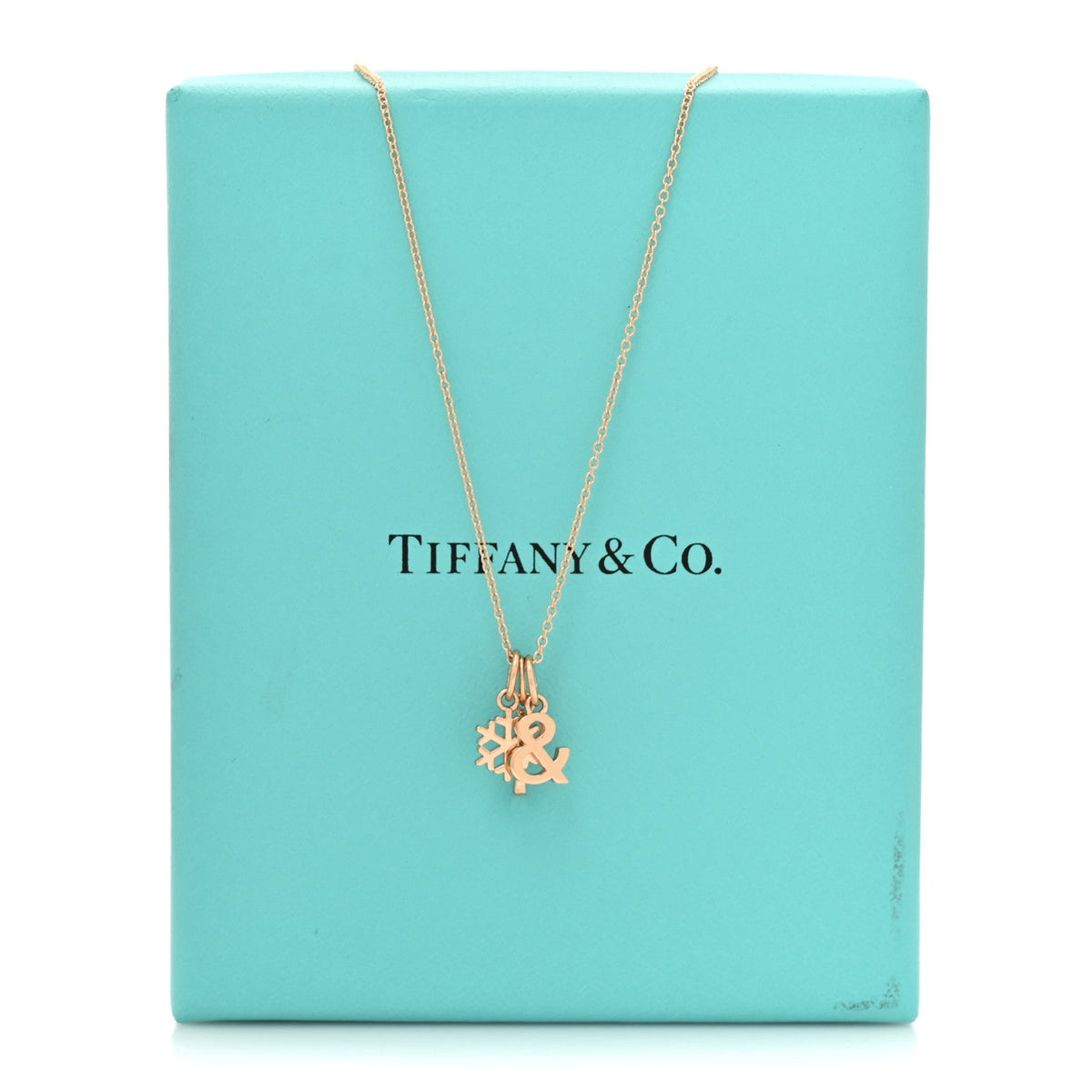 18K Rose Gold Enamel Ampersand Snowflake Match Pendant Necklace Blue