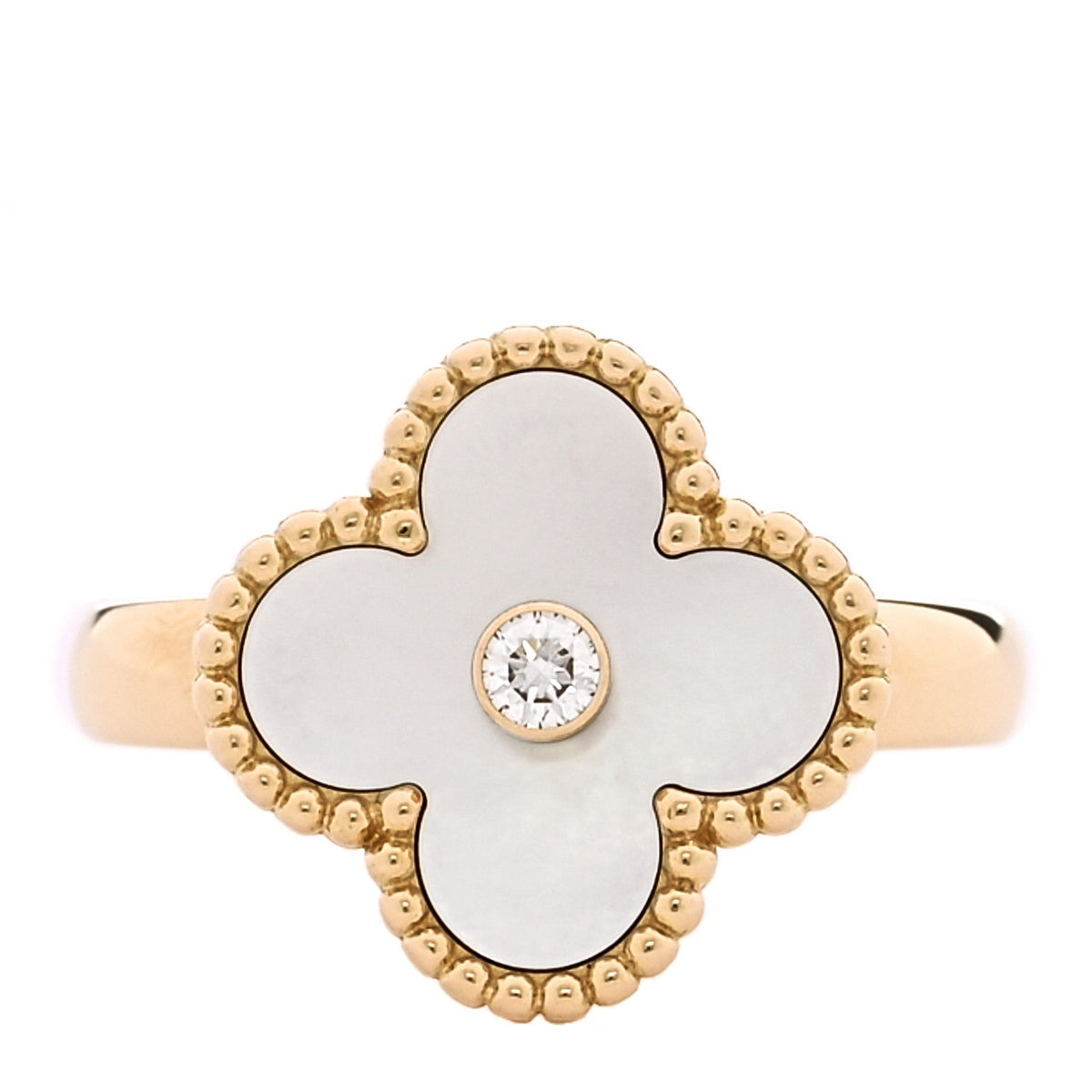 18K Yellow Gold Diamond Mother of Pearl Vintage Alhambra Ring 53 6.5