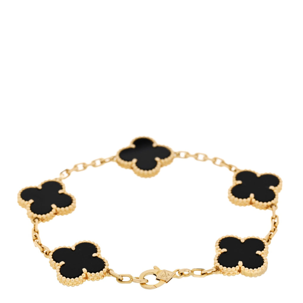18K Yellow Gold Black Onyx 5 Motifs Vintage Alhambra Bracelet