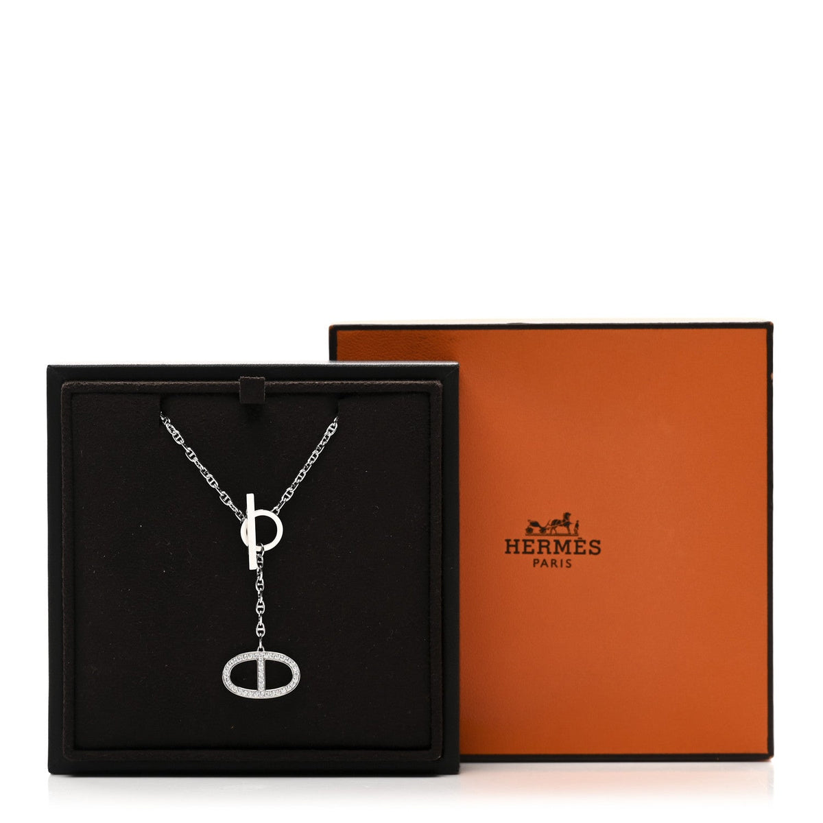 18K White Gold Diamond GM Chaine D'Ancre Contour Pendant Necklace ST